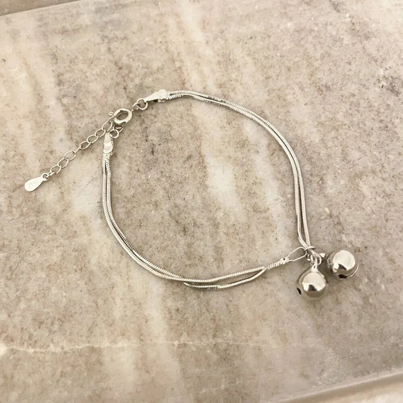 925 Sterling Silver Dangle Ball Bracelet Dainty Bracelet Two Layer Bracelet - Picture 2 of 4